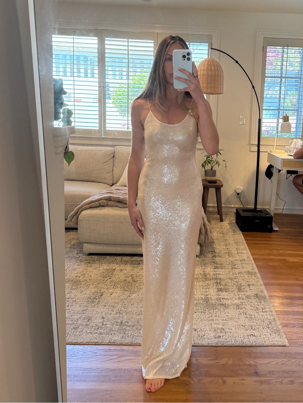 XS Because of Alice Sequin Camisole Dress in Nude